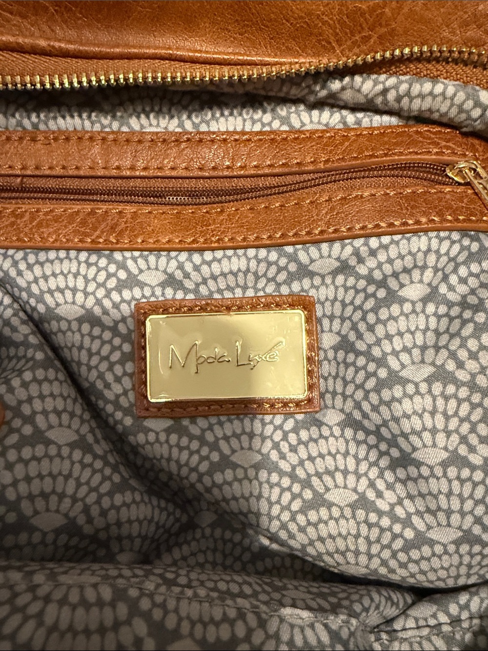 Moda Luxe Tan Leather Interior Tote with Gold Plaque - Picture 2 of 5